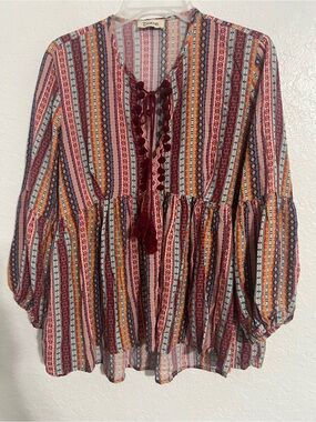Dixie Women Multicolor Ruffle 3/4 Sleeve Top Blouse Size M Pink Tier Front #670